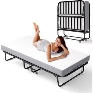 Decofy Folding Bed with Memory Foam Mattress, Portable Rollaway Guest Beds on Wheels, 75"x38" Twin Size Space-Saving Cot-Size Bed for Adults with Easy Assembly Metal Frame (White)