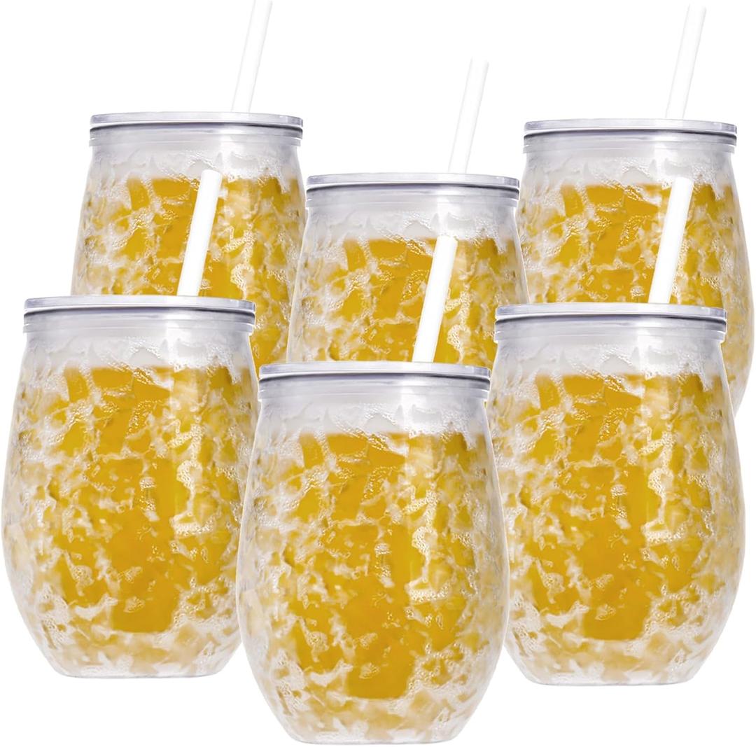 Fasmov 6 Pack Frosty Freezer Ice Mugs with Lids and Straws, 12oz Cute Shape Freezer Ice Beer Mugs, Double Wall Gel-Filled Acrylic Freezer Mugs, Freezable Drink Tumbler for Parties and Gifts, Clear