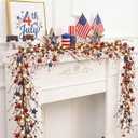 Wavwavw 59 Inches 4th of July Patriotic Garland Lighted Red White Blue Memorial Day Garland Artificial Star and Berry Lights Battery Operated 250th Anniversary Decor for Home Mantle Fireplace Table