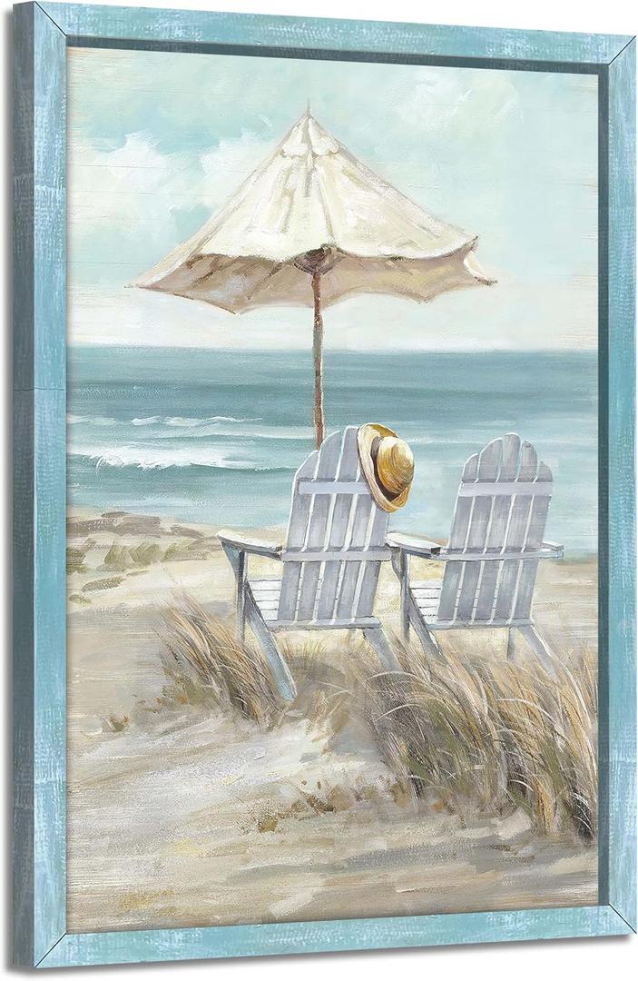 Abstract Beach Framed Wall Art - Coastal Chair Picture Modern Ocean Painting Prints Calming Seascape Wooden Artwork Decor for Bedroom, 24"L x 16"W