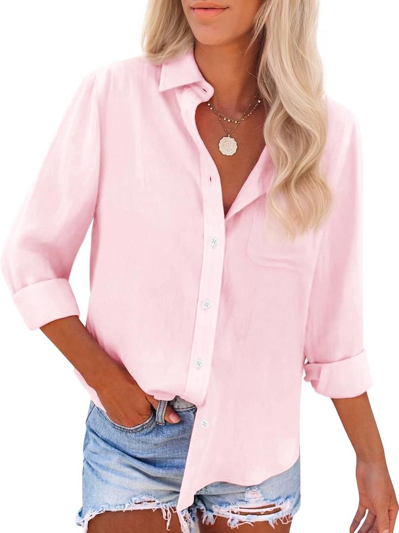 Womens Button Down Shirts Cotton Dress Shirts Oxford Shirts Long Sleeve Work Blouses Collared Tops Tunics with Pocket (Pink, M)