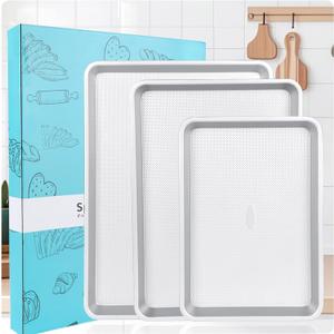 3-Piece Non-Stick Baking Sheet Set | PFOA/PFOS/PTFE-Free, 0.8mm Heavy-Duty Steel with Diamond Texture Surface | Stackable Design for Roasting, Baking & Toasting (Silver)