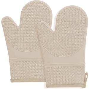 Hovico Silicone Oven Mitts, Heat Resistant 500F Kitchen Mitts 2PCS, 11.6" BPA-Free Soft Baking Gloves, Non-Slip Grip Oven Gloves with Soft Cotton Lining for Kitchen Cooking Baking BBQ - Apricot