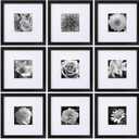 eletecpro 10x10 Picture Frames Set of 9 with Mat for 5x5 Photos or without Mat for 10x10, Square Gallery Wall Decor Collage for Picture Display, Black Frame Set for Wall Hanging