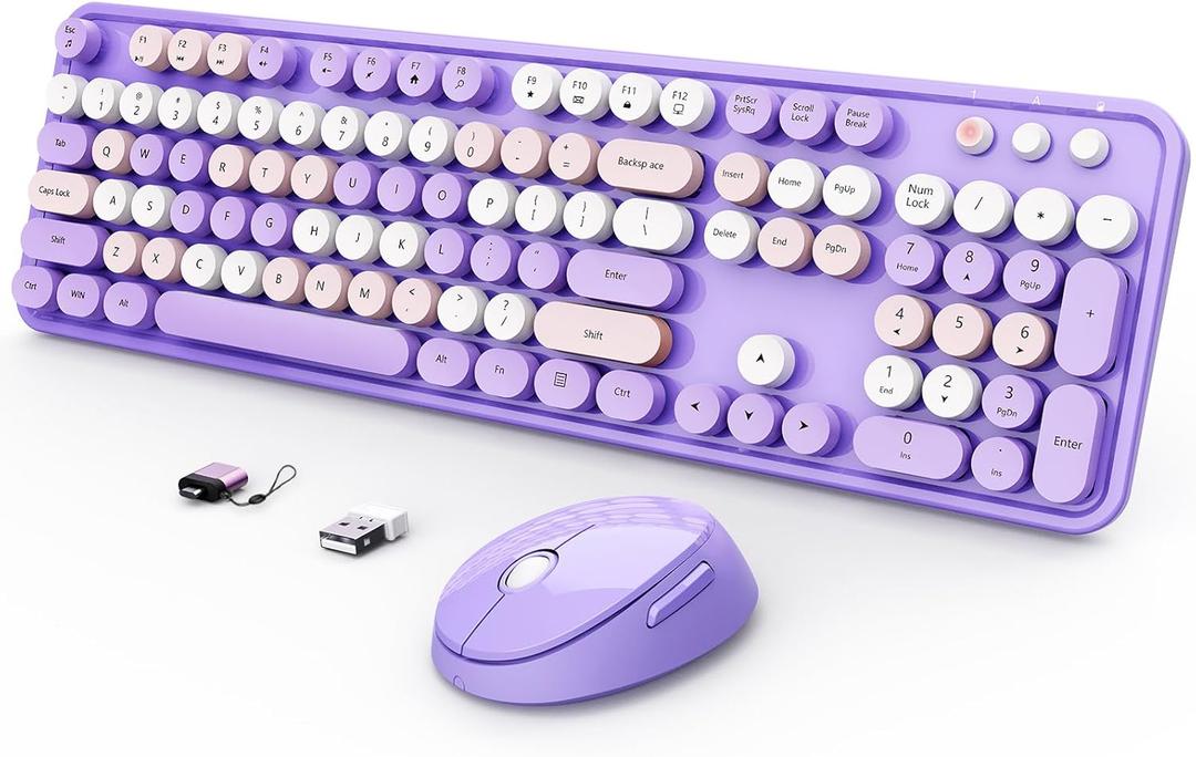 SkyGive Wireless Keyboard and Mouse Combo, Ergonomic Full Size Typewriter Retro Round Keycaps Keyboard, Compatible with Windows, PC, Perfer for Home and Office Keyboards (Purple