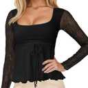 Women Y2k Square Neck Sheer Mesh Ruffle Hem Babydoll Tee Shirt Long Sleeve Lace Up Lettuce Trim Layered Peplum Top, Size Small
