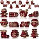36 Pieces Christmas Buffalo Plaid Hanging Ornaments Christmas Tree Wooden Hanging Decor Wooden Christmas Ornaments Snowflake Reindeer Snowman Plaid Christmas Decor, 12 Styles(Black Red)