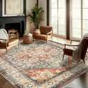Washable Area Rug 8'x10' Red Khaki Retro Boho Design Non-Shedding Non-Slip Easy Care Ideal for High Traffic Areas in Living Room Bedroom Office Coffee Table Kitchen Large Carpet