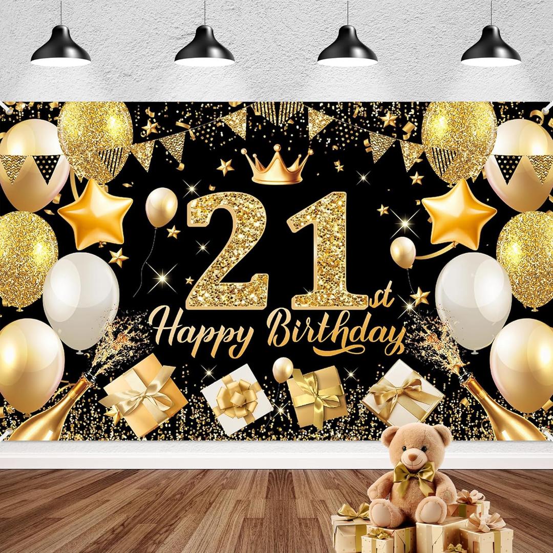 Happy 21st Birthday Banner Backdrop Black and Gold - 71x43 Fabric - Large Happy Birthday Sign for Backdrop, Birthday Party Photo Background Decorations for Men Women