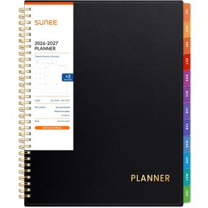 SUNEE Academic Planner 2026-2027 Weekly & Monthly Planner, July 2026 to June 2027, 8.5"x11", Thick Paper, Tabs, Pockets, Bookmark, Spiral-Bound, Student Teacher Organizer, Black