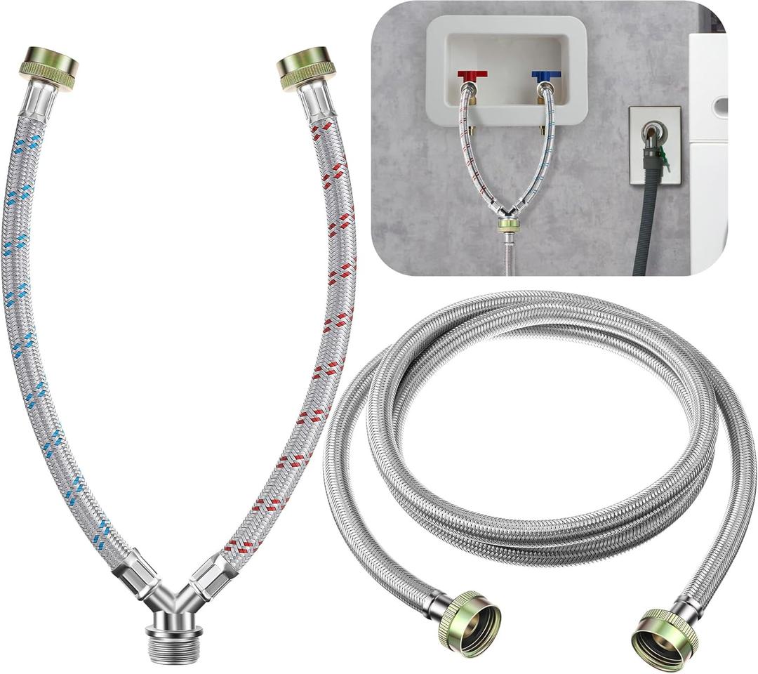 Dreyoo Y Mixer Hose Connector with Washing Machine Hose, 1FT Hot and Cold Water Supply Splitter and 6FT Washing Machine Connector (Silver,Stainless Steel)