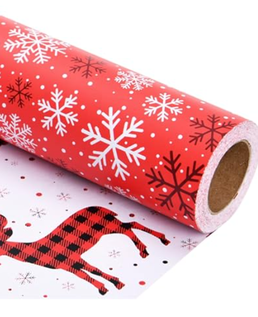 Linelglobal Christmas Wrapping Paper Long Roll Vantage Christmas Tree, Reversible Roll Two Side Wrapping Paper 30x390 Inch - Deer Plaid