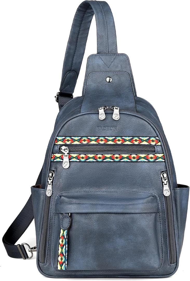 FADEON Large Sling Bag for Women, Leather Crossbody Purse Designer Anti Theft Sling Backpack, RFID Fanny Packs for Travel (Dark Blue Retro Style)