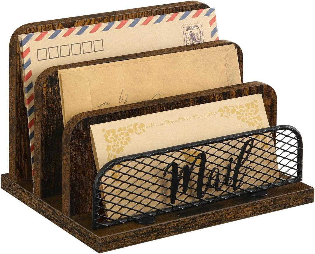 YINMIT Mail Organizer Countertop, Mail Holder with 3-Slot, Desktop Mail Sorter, Mail Organizer for Desk, Letter Sorter File Holder, Office Desk Organizers and Accessories (Brown)