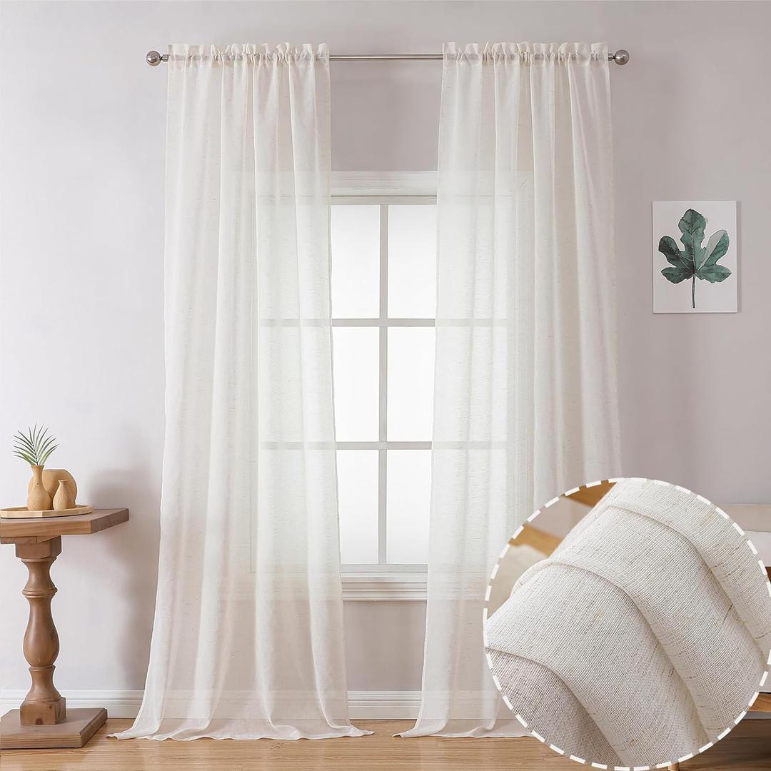 OWENIE Linen Blend Sheer Curtains 96 inch Long 2 Panels Set for Bedroom/Living Room, Natural Farmhouse Sheer Cutain Rod Pocket Farmhouse Drapes,2 Pcs Each 40" W x 96" L