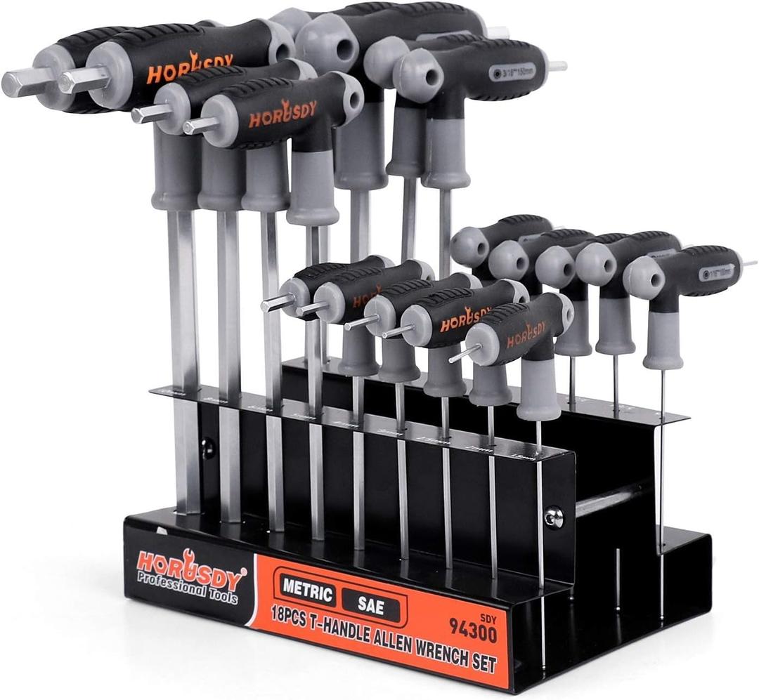 HORUSDY 18-Piece T-Handle allen wrench set, Inch/Metric Long Arm Ball End Hex Key Wrench Set, MM(1.5mm-10mm) SAE(1/16"-3/8")