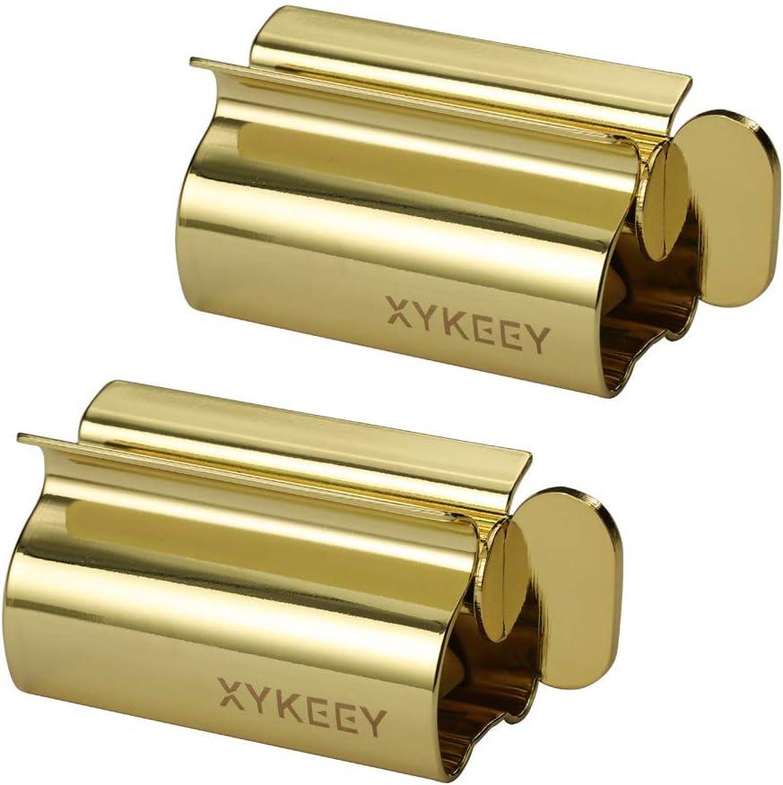 XYKEEY Toothpaste Tube Squeezer - Set of 2 Toothpaste Squeezer Rollers, Metal Toothpaste Tube Wringer Seat Holder Stand (Gold)