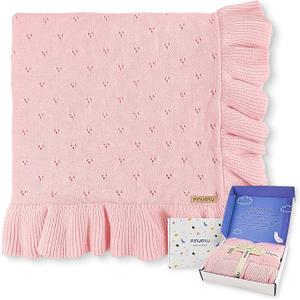 Ruffle Cotton Knitted Baby Blanket,Pink, Soft Pointelle, 40 x 31 in