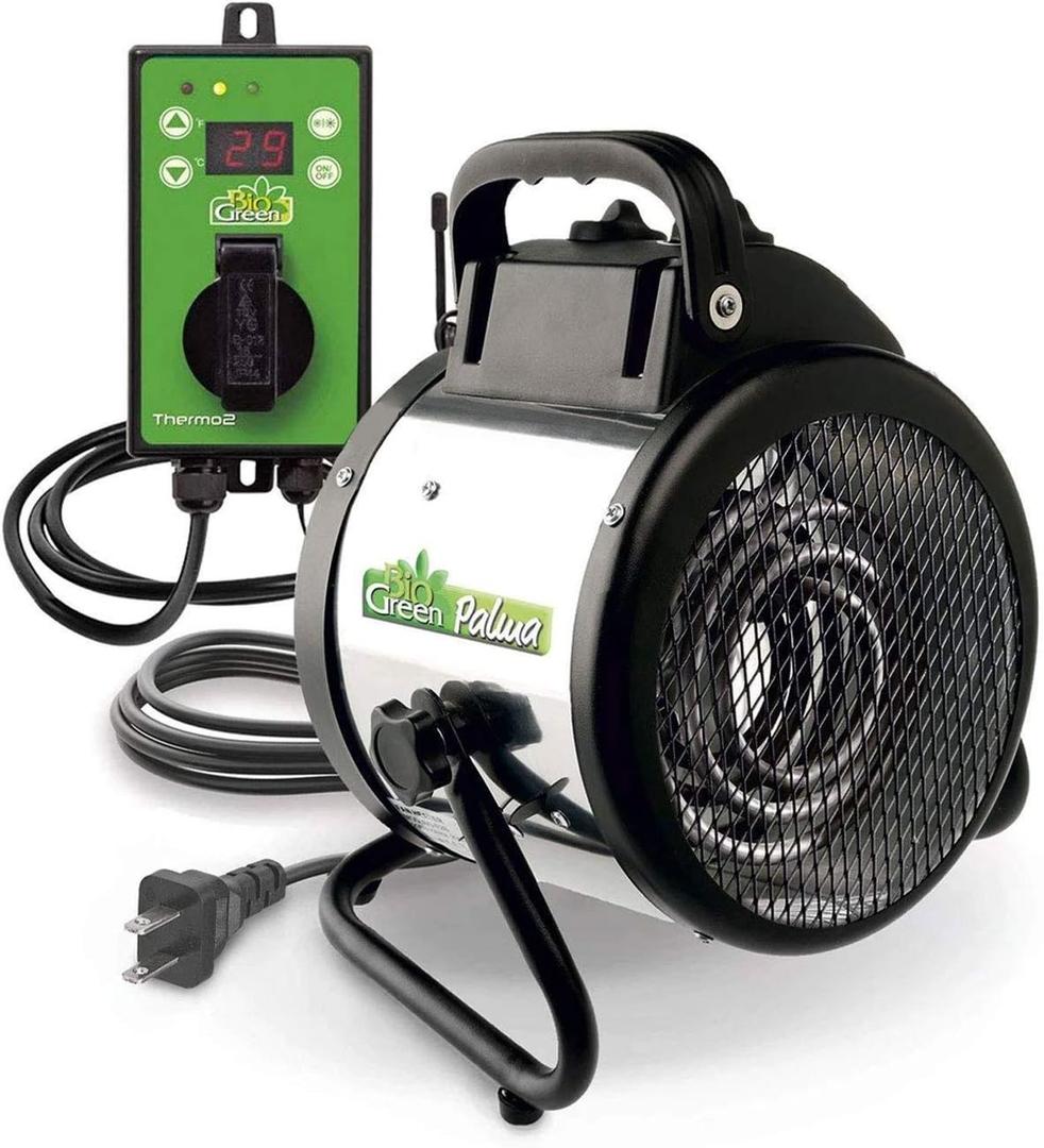 BioGreen Electric Greenhouse Heater & Fan with Digital Thermostat PALMA | 1500 Watts, 5100 BTU/hr | 5800 ft/h Air Circulation -58 to 210.2F | Stainless Steel | Spraywater Proof