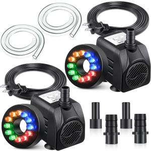 2 Pack 10W 160GPH Submersible Fountain Pump with 12 Color LED Lights, Small Fountain Pump with 4 Spray Nozzles, Ultra Quiet Design for Outdoor Pond, Aquarium, Fish Tank