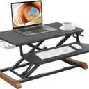 Height Adjustable Standing Desk Converter with Keyboard Tray, 26x16 Inch, Sit to Stand Desk Riser with Elegant Side Cover and Wooden Feet, Compact Monitor and Laptop Riser for Home & Office, Black, Gas Spring Standing Desk Converter