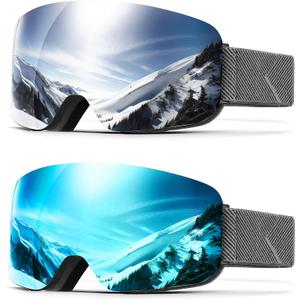 2Pack Ski Goggles for Men Women Snow Goggles Anti fog Snowboard Goggles with 100% UV Protection (A01 Black Frame Silver Lens/Black Frame Ice Blue Lens)