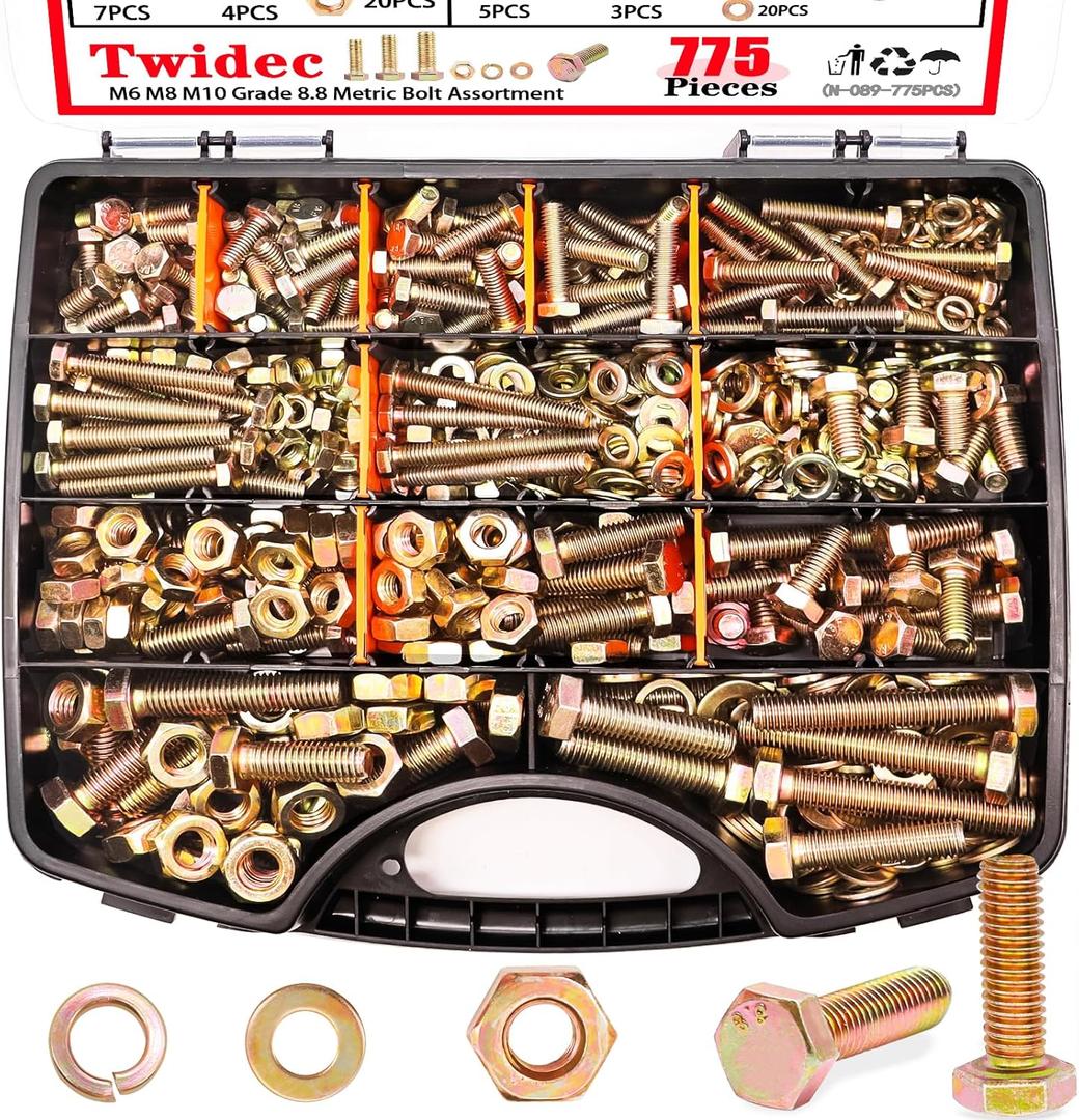 Twidec/775PCS Metric Bolt Assortment,Grade 8.8 Hex Head Nuts and Bolts Assortment Kit, M6/M8/M10(12-60mm) Heavy Duty Bolts and Nuts Kit, Flat & Spring Lock Washer Gold Zinc Plating With Storage Case