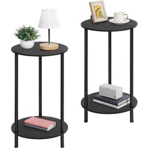 SEHERTIWY Small Round Side Table, 2 Tiers Farmhouse End Tables, Set of 2 Accent Tables for Small Spaces, Night Stands for Bedrooms Living Room, Coffee Tables with Storage Shelf, Black