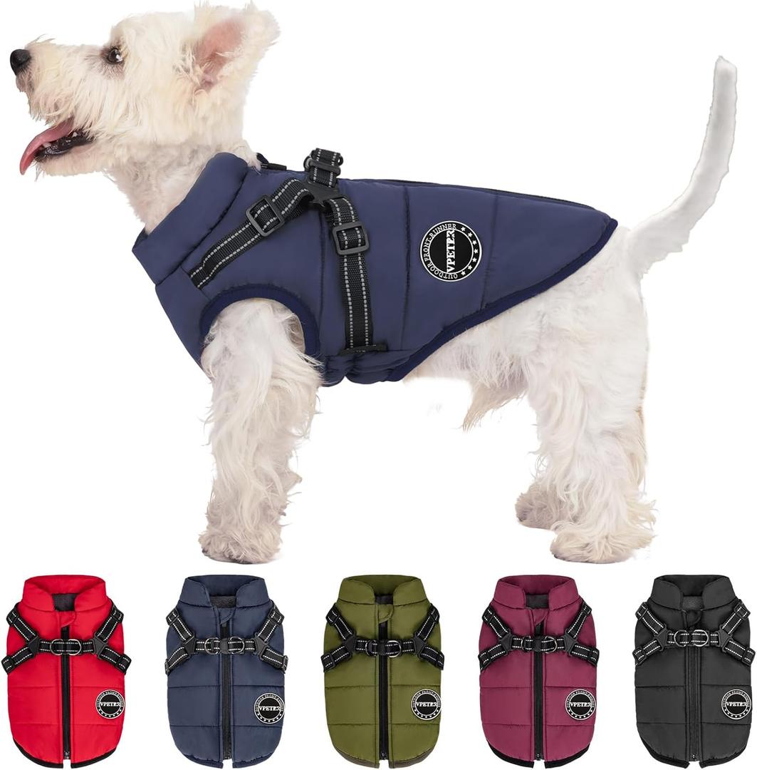 Dog Winter Coat,Warm Jacket Paded Fleece Pet Vest with Built in Harness,Windproof Reflective Cozy Adjustable Snow Pet Coat Clothes with Zipper for Small Medium Dogs (Navy Blue)