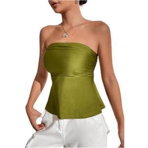 WDIRARA Women's Ruffle Strapless Bandeau Tube Top Sleeveless Summer Going Out Peplum Tops (S, Olive Green)