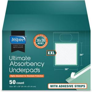 Inspire Super and Ultra Absorbent Disposable Bed Pads, 36" X 36", Pack of 50 with Adhesive, XXL