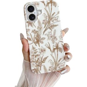 Yeddabox for iPhone 16 Case Cute Flowers Floral Branches Leaves Phone Case Soft TPU Slim Shockproof Phone Cover for Women Girls, Brown
