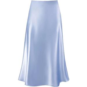 Modegal Women's Satin High Waist Hidden Elasticized Waistband Flared Casual A Line Midi Skirt (Blue, M)