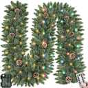 Remote Control-9 Ft by 12 Inch Super Thick Prelit Snowy Christmas Garland with 50 Warm White &Multicolored Change Lights Cedar Garland 270 Bristle Pine 10 Pinecone Battery Operated Xmas Garland Decor