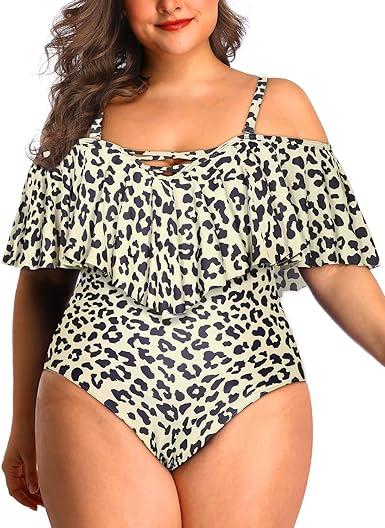 Daci Women Plus Size One Piece Swimsuits Tummy Control Ruffle Off Shoulder Bathing Suits (Black) 
18 Plus