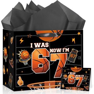 6 7 Birthday Decorations Gift Bag 6 7 Meme Basketball Favor Bag with Tissue Paper Card I was 6 Now I'm 7 Year Old Decorations for Boys Basketball Grow up Party 7 Years Old Birthday Party Supplies