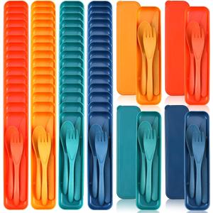 Jinei 50 Sets Reusable Travel Utensils Set with Case Wheat Straw Cutlery Portable Spoon Knife Forks Lunch Box Accessories Friendly Tableware for Kids Adults Camping Utensils(Elegant)