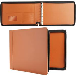 7-Ring Business Check Binder with Zipper for Checkbooks Organization, Brown Zippered Portfolio Organizer, Professional PU Leather Folder Holder for Documents, Cards (15 x 11 x 0.01 inches)