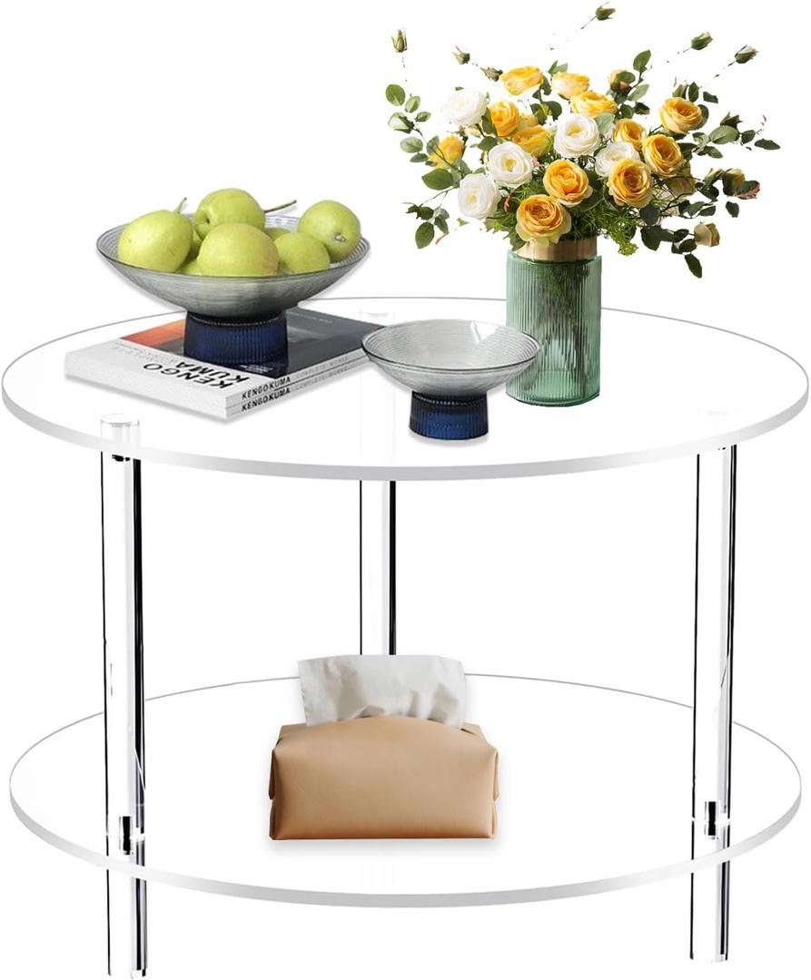 Modern Clear Acrylic Round Side Table,2 Tier Detachable End Table,15.75" Wide Drink Table for Small Spaces,Acrylic Coffee Table for Living Room, Bedroom,Study Room Round,Easy Assembly,Clear