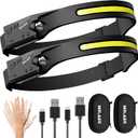 LED Headlamp Rechargeable Flashlight, 2-Pack 230 Wide Beam Headlight with Motion Sensor, Lightweight, Weatherproof, 2 Light Source Head Lamp for Camping Hiking Running Outdoor - Adults and Kids