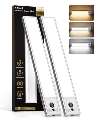 EZVALO 10inch Under Cabinet Lighting, Rechargeable Motion Sensor Light Indoor with 3 Color Temperatures, Dimmable & Magnetic Closet Lights, Wireless Under Counter Lights for Kitchen, Stairs (2 Pack)