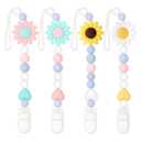 Silicone Pacifier Clip, 4 Pack Pacifier Holder for Boys and Girls, Adorable Sunflower Pacifier Clips Fits for Most Pacifier, Baby Teethers, Baby Shower and Baby Gift (Pink, Blue, Yellow, White)