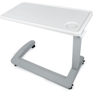 Vaunn Medical Pneumatic Adjustable Overbed Exam Bedside Table with Wheels (Hospital and Home Use), New Tabletop, Light Gray