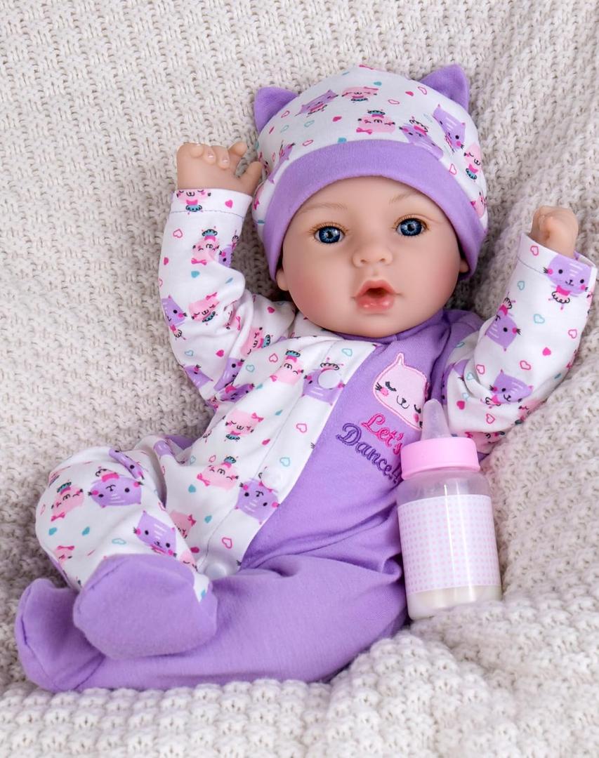 Aori Reborn Baby Dolls- 18'' Realistic Newborn Baby Doll with Feeding Set & Birth Certificate - Lifelike Real Life Baby Dolls for Role Play, Gift for Kids Ages 3+, Pre-Parents, Grand-Parents (Purple Kitty)