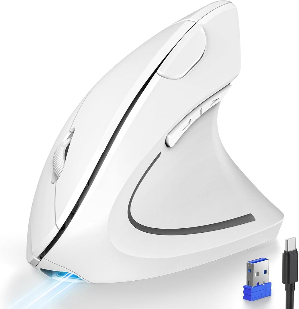 TECKNET Ergonomic Mouse, Rechargeable 2.4G+Bluetooth Vertical Mice 6 DPI Adjustable, Wireless Optical Carpal Tunnel Mouse Right Hand, Multi Device for Laptop, PC, Computer, MacBook, iPad - White