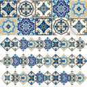 Honoson 60 Pack Colorful Talavera Tile 4x4 Inch Handpainted 10 Designs Peel and Stick Wall Tile Decor Bathroom Kitchen Wall Sticker Waterproof PVC Decoration Stickers - 2D Retro Sticker(Classic)