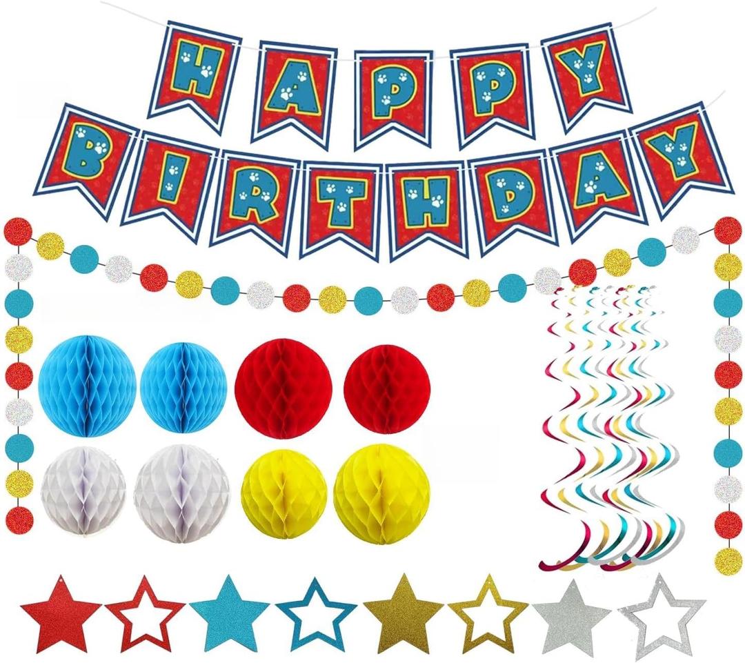 Cartoon Birthday Party Decorations, Party Supplies Happy Birthday Banner, Honeycomb Balls, Red Blue Theme Hanging Swirls, Circle Dots Garland, for Boys and Girls
