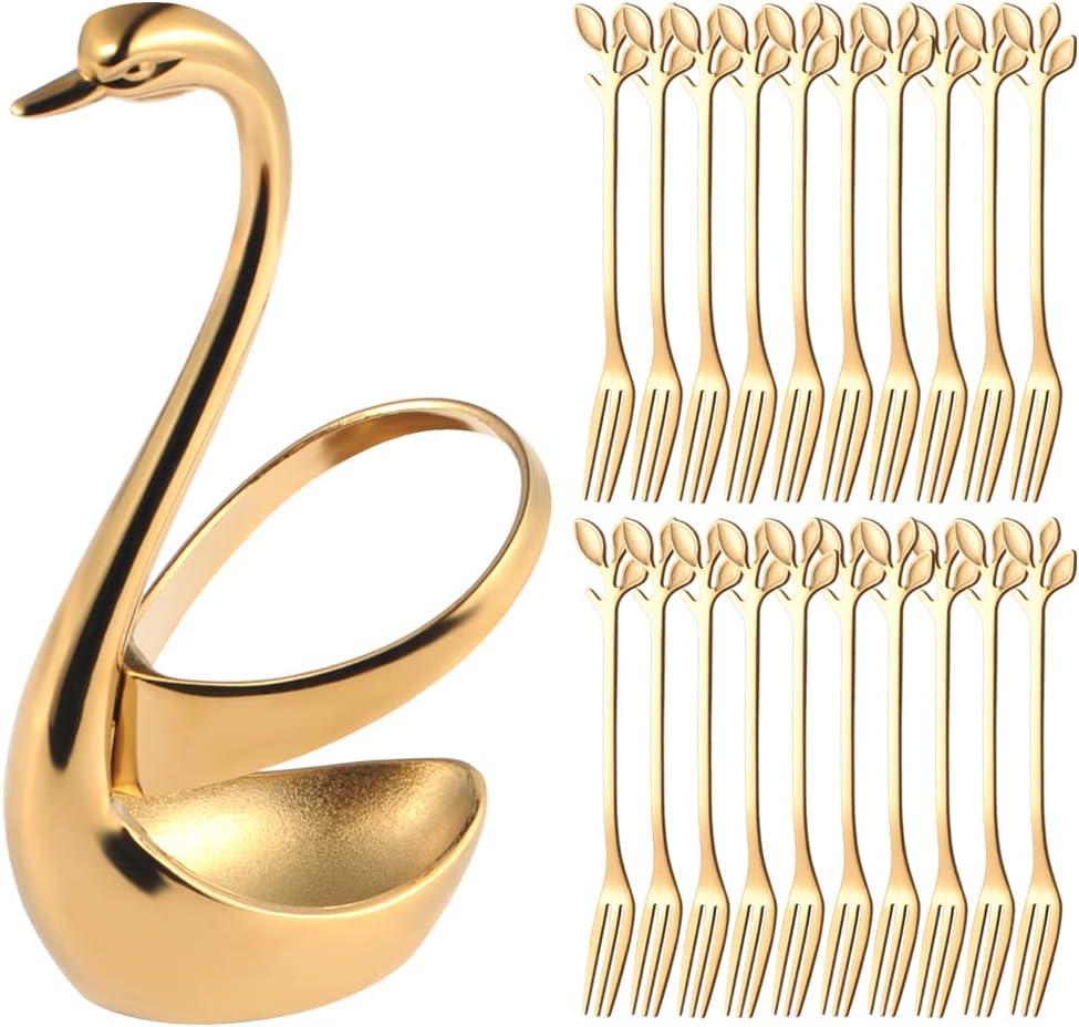 AnSaw Elegant Swan Base Holder & 20 pcs 4.7" Gold Leaf Stainless Steel Forks Set for Appetizers, Desserts, Fruits, Cakes, and Salads