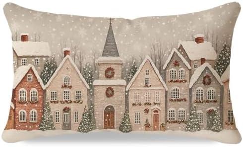 HERHOME Christmas Throw Pillow Cover 12x20 Inch, Winter Village Snowflake Forest Snow Beige Lumbar Decorative Cushion Case, Vintage Outdoor Xmas Holiday Decoration for Sofa Couch Home Decor