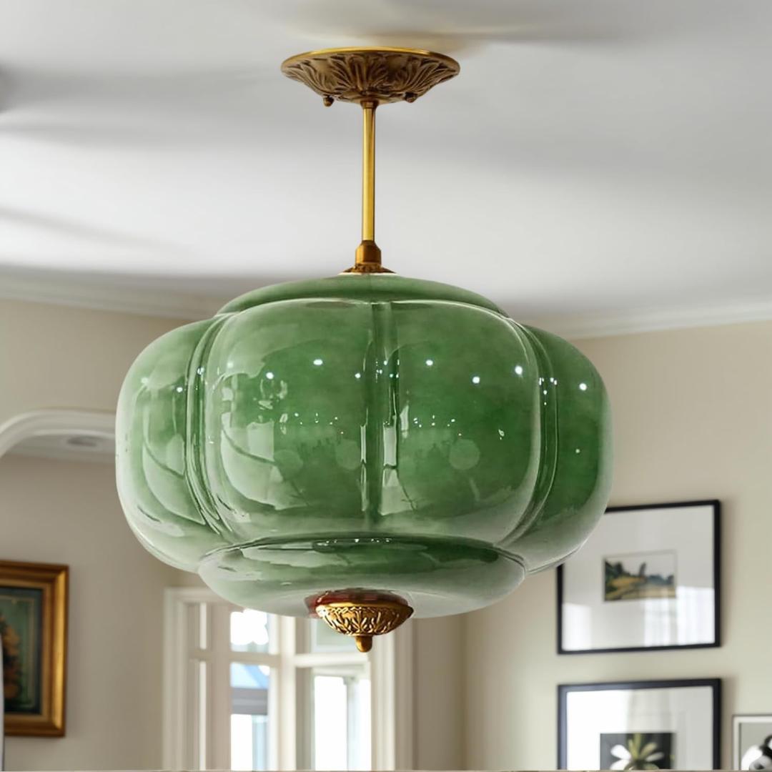BOFEA-15 Inch Green Vintage Chandelier,Green Glass Ceiling Light Fixture with Gold Finish,Antique Pendant Lights Kitchen Island,Art Deco Hanging Lights for Bedroom Living Dining Room Hallway